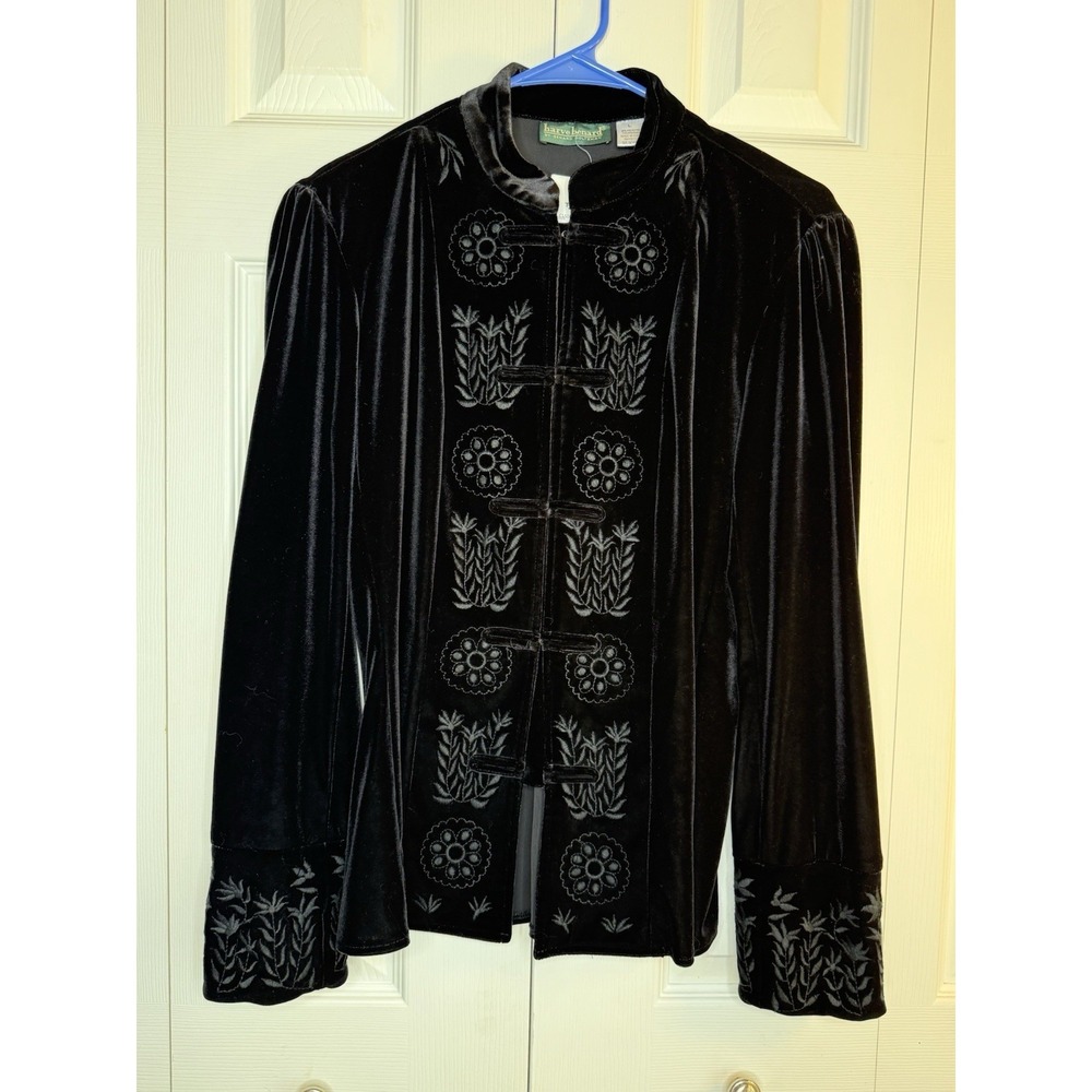 Harve Benard Velvet Jacket Embroidered Floral Vintage High Mandarin Collar Sz L